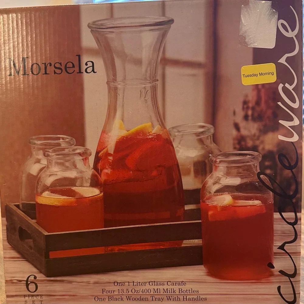 Morsela Glass Carafe Milk Bottles Tray Set 6 Piece Drinkware Beverage Serving‎